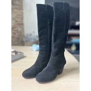 AEROSOLES Black Suede Knee High Block Heeled Boots Sz 7M Pull On & Zip Up
